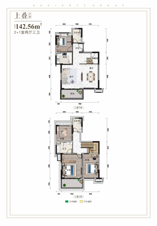 上叠2+1室两厅三卫建面约142.56㎡